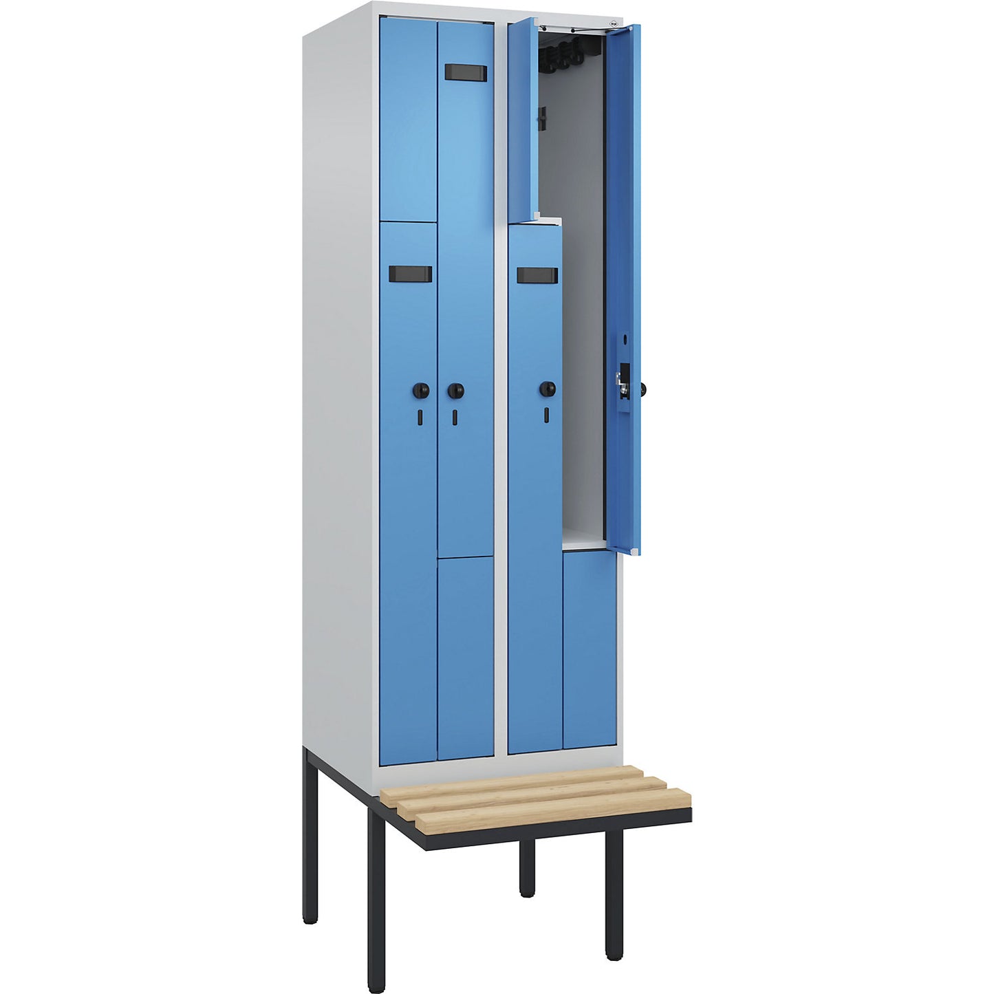Evolo PLUS bench seat Z locker, 2 compartments, light grey / light blue, W 600 mm, security rotary bolt, with cantilevered bench seat, beech.
