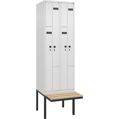 Evolo PLUS bench seat Z locker, 2 compartments, white, W 600 mm, security rotary bolt, with cantilevered bench seat, beech.