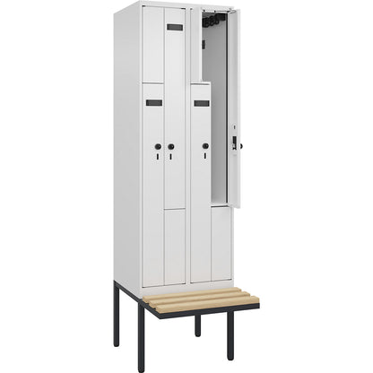 Evolo PLUS bench seat Z locker, 2 compartments, white, W 600 mm, security rotary bolt, with cantilevered bench seat, beech.