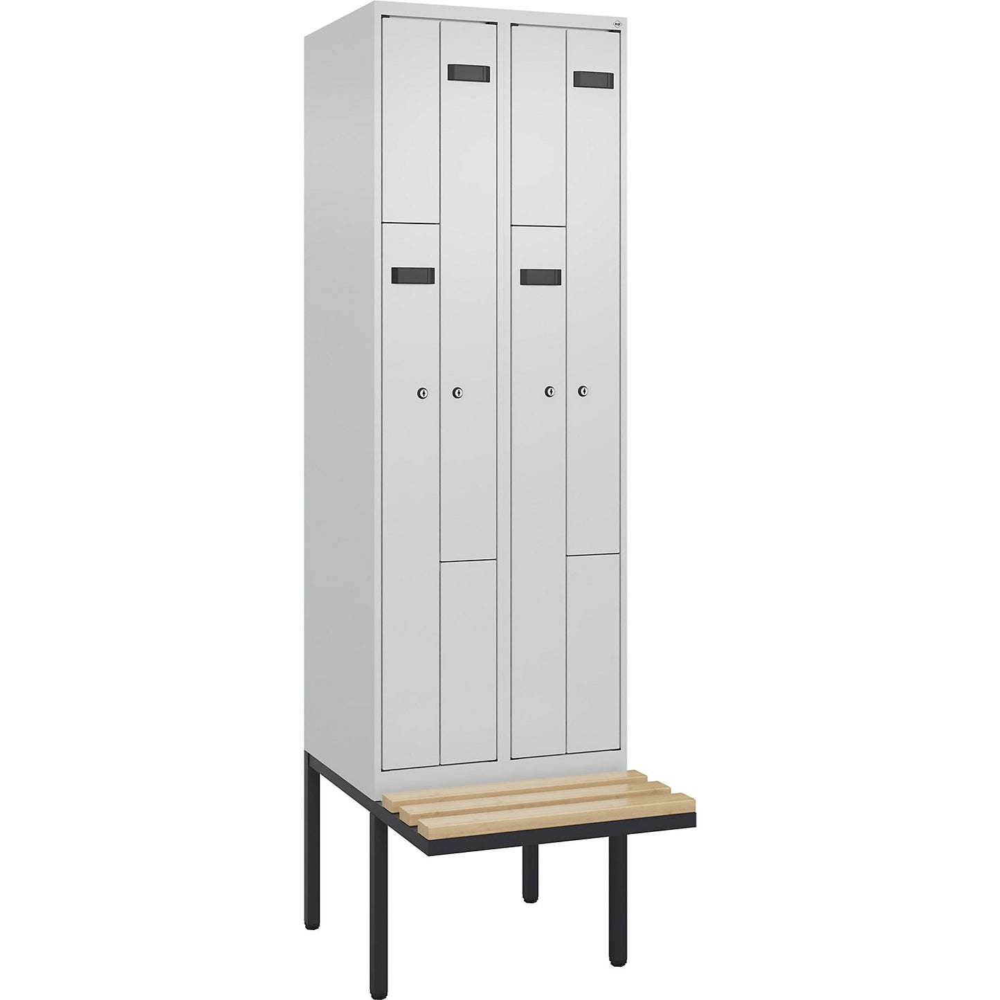 Evolo PLUS bench seat Z locker, 2 compartments, light grey / light grey, W 600 mm, cylinder lock, with cantilevered bench seat, beech.