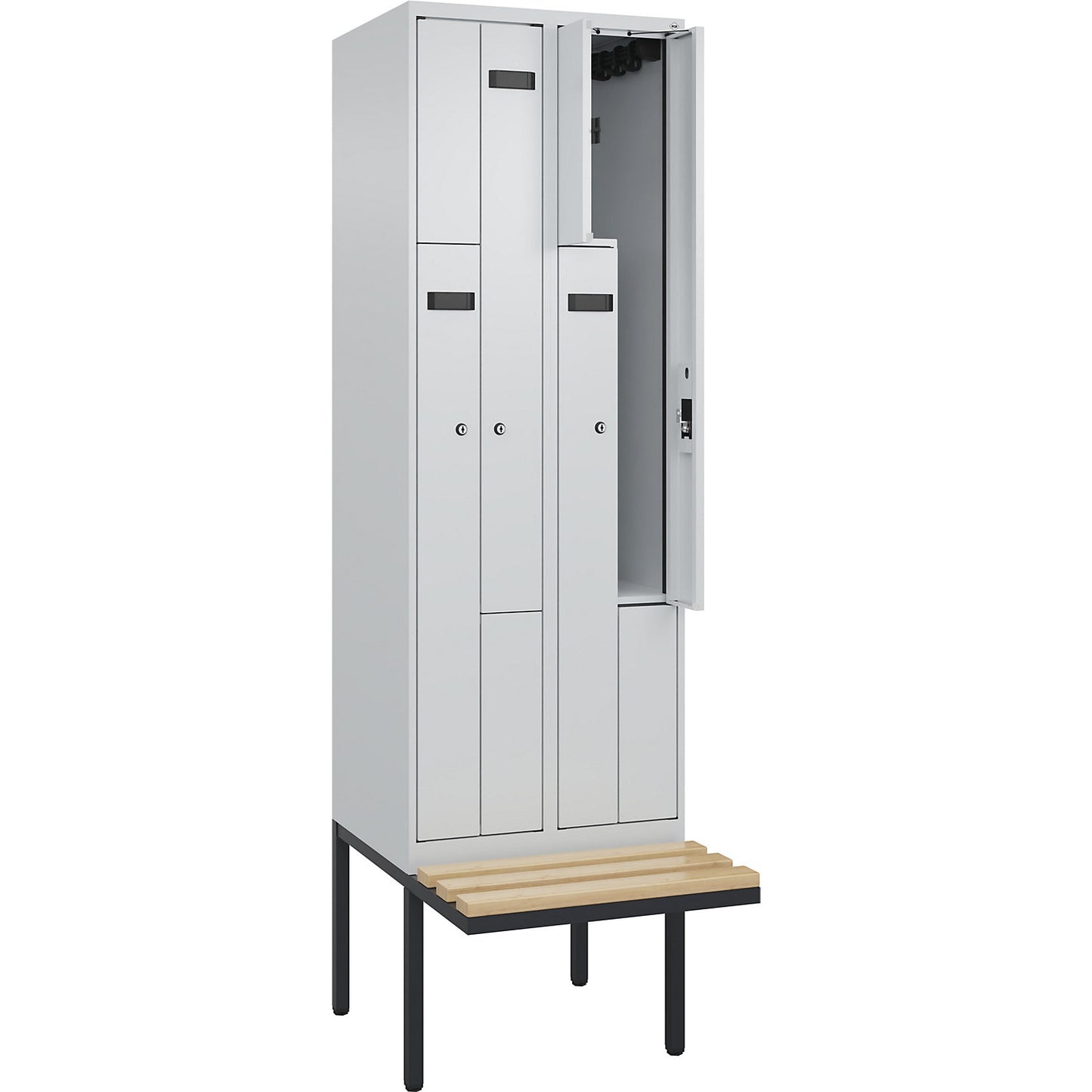 Evolo PLUS bench seat Z locker, 2 compartments, light grey / light grey, W 600 mm, cylinder lock, with cantilevered bench seat, beech.