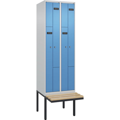 Evolo PLUS bench seat Z locker, 2 compartments, light grey / light blue, W 600 mm, cylinder lock, with cantilevered bench seat, beech.