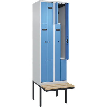 Evolo PLUS bench seat Z locker, 2 compartments, light grey / light blue, W 600 mm, cylinder lock, with cantilevered bench seat, beech.