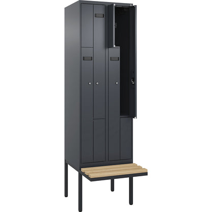 Evolo PLUS bench seat Z locker, 2 compartments, grey, W 600 mm, cylinder lock, with cantilevered bench seat, beech.