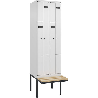 Evolo PLUS bench seat Z locker, 2 compartments, white, W 600 mm, cylinder lock, with cantilevered bench seat, beech.