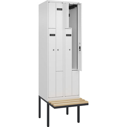 Evolo PLUS bench seat Z locker, 2 compartments, white, W 600 mm, cylinder lock, with cantilevered bench seat, beech.