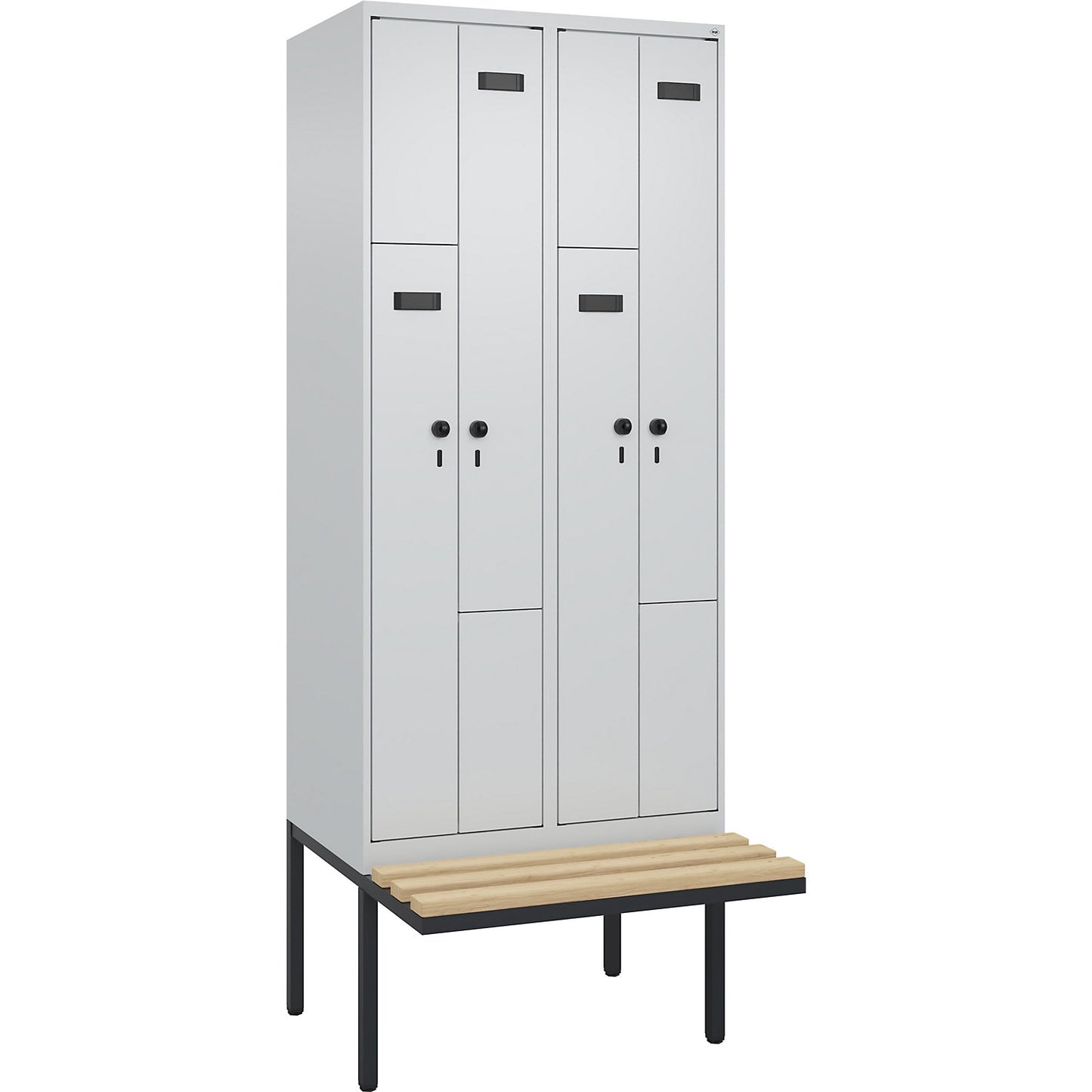 Evolo PLUS bench seat Z locker, 2 compartments, light grey / light grey, W 800 mm, security rotary bolt, with cantilevered bench seat, beech.