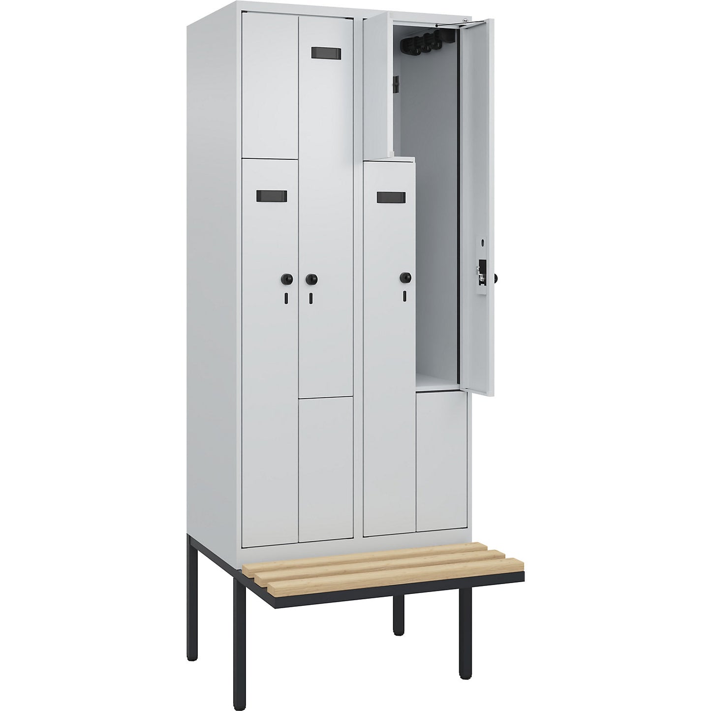 Evolo PLUS bench seat Z locker, 2 compartments, light grey / light grey, W 800 mm, security rotary bolt, with cantilevered bench seat, beech.
