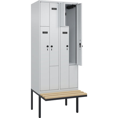 Evolo PLUS bench seat Z locker, 2 compartments, light grey / light grey, W 800 mm, security rotary bolt, with cantilevered bench seat, beech.