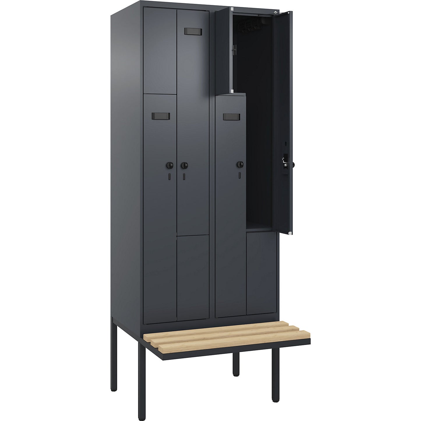 Evolo PLUS bench seat Z locker, 2 compartments, grey, W 800 mm, security rotary bolt, with cantilevered bench seat, beech.