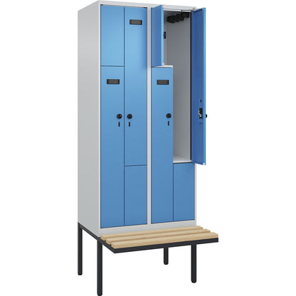 Evolo PLUS bench seat Z locker, 2 compartments, light grey / light blue, W 800 mm, security rotary bolt, with cantilevered bench seat, beech.