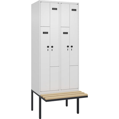 Evolo PLUS bench seat Z locker, 2 compartments, white, W 800 mm, security rotary bolt, with cantilevered bench seat, beech.