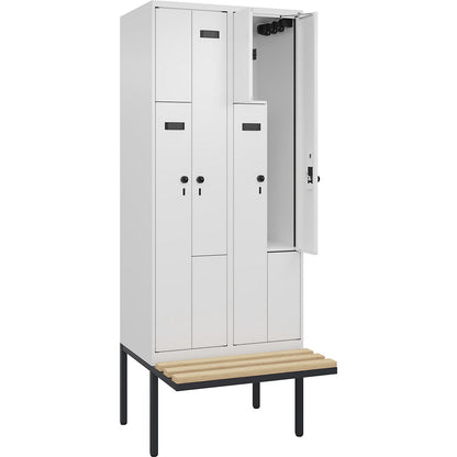 Evolo PLUS bench seat Z locker, 2 compartments, white, W 800 mm, security rotary bolt, with cantilevered bench seat, beech.