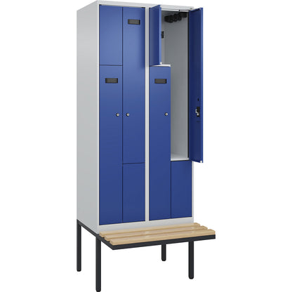 Evolo PLUS bench seat Z locker, 2 compartments, light grey / gentian blue, W 800 mm, cylinder lock, with cantilevered bench seat, beech.