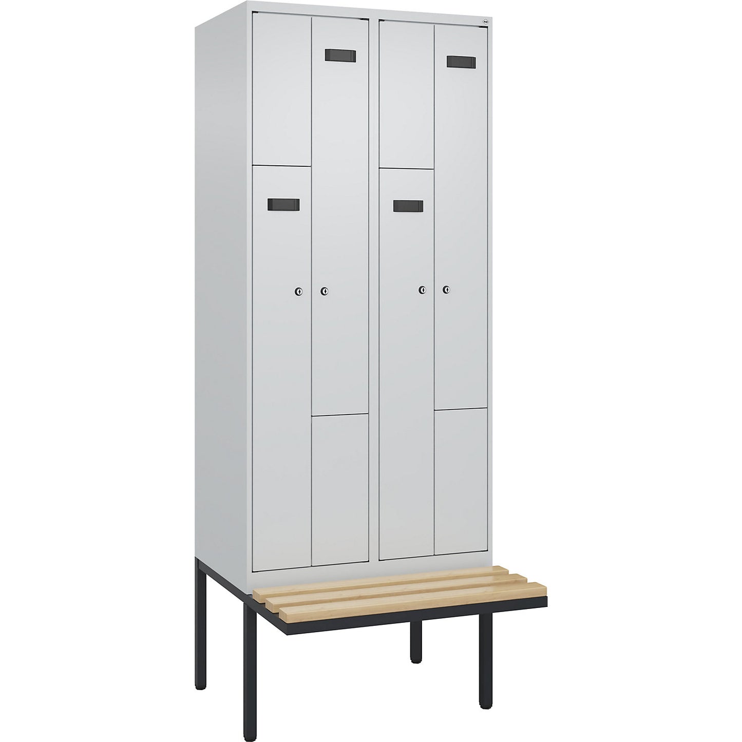 Evolo PLUS bench seat Z locker, 2 compartments, light grey / light grey, W 800 mm, cylinder lock, with cantilevered bench seat, beech.