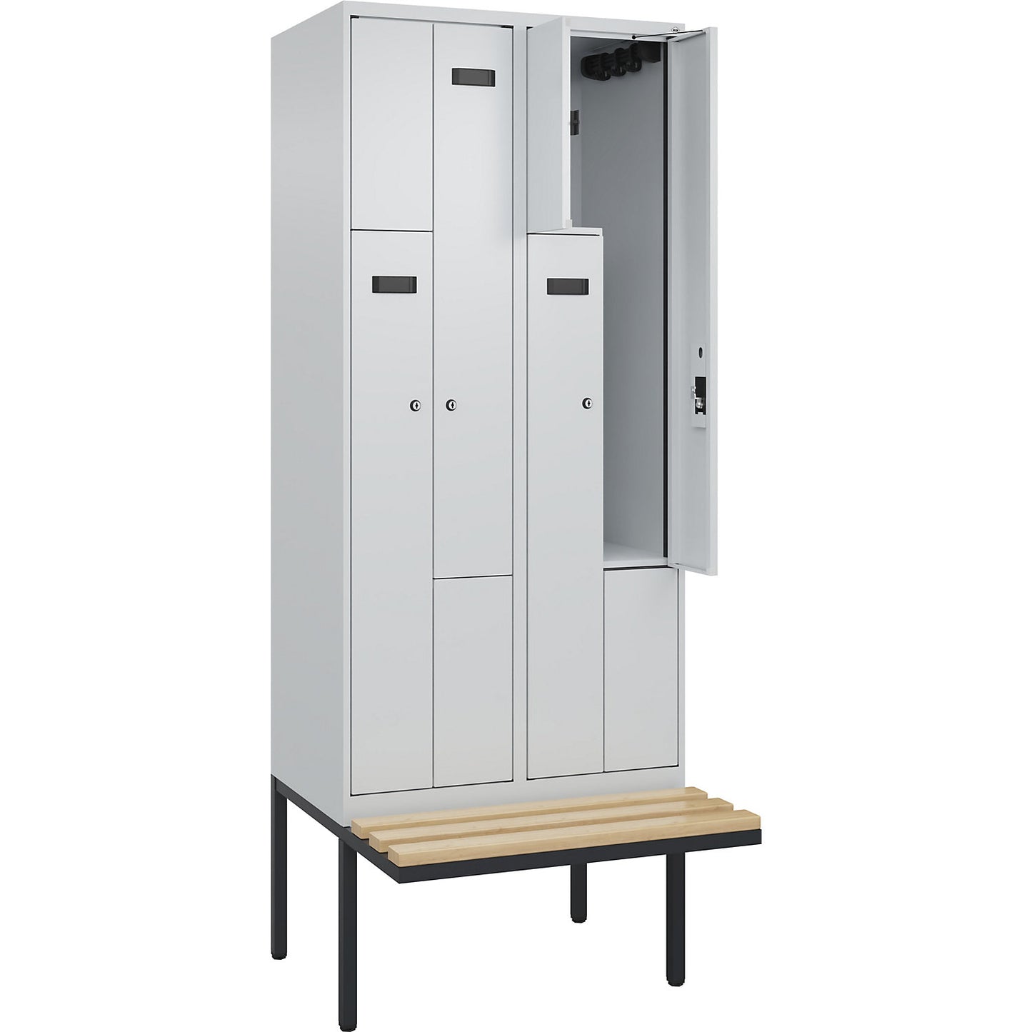 Evolo PLUS bench seat Z locker, 2 compartments, light grey / light grey, W 800 mm, cylinder lock, with cantilevered bench seat, beech.