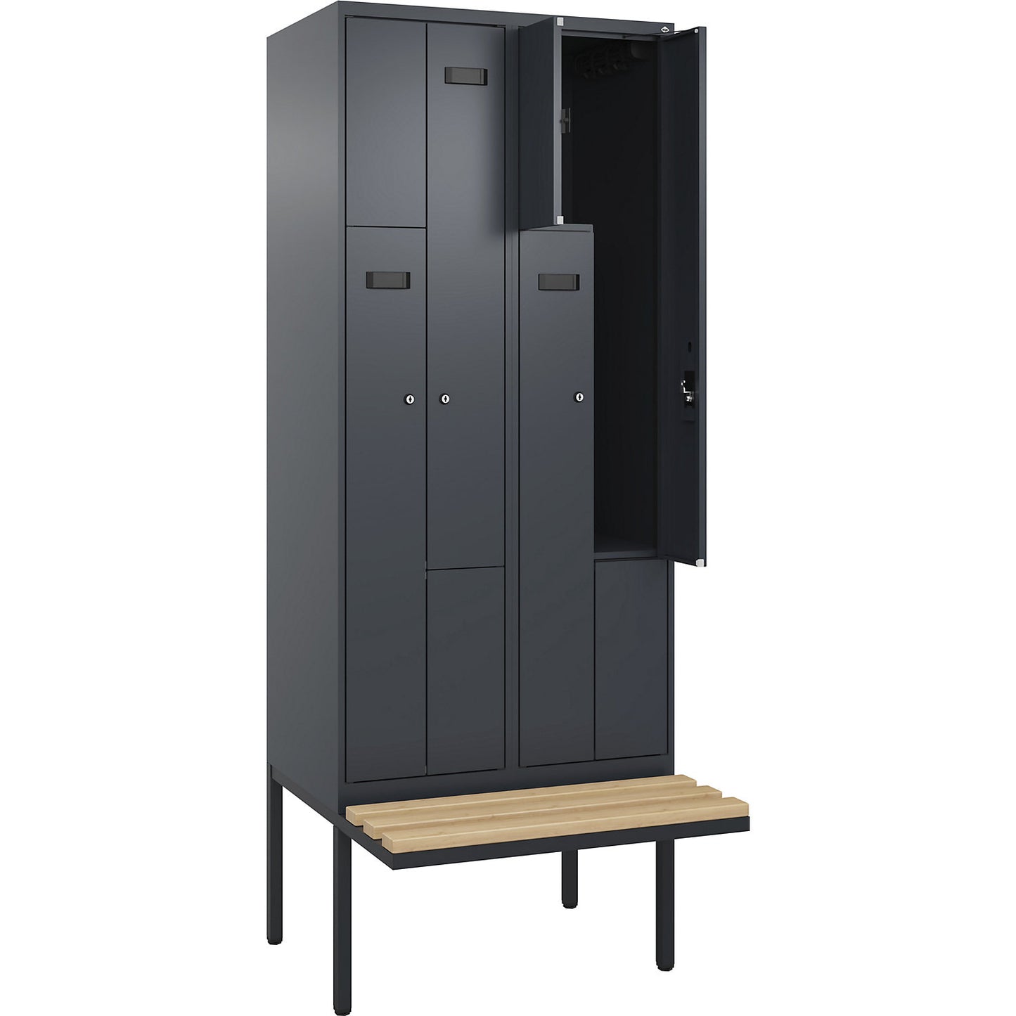 Evolo PLUS bench seat Z locker, 2 compartments, grey, W 800 mm, cylinder lock, with cantilevered bench seat, beech.