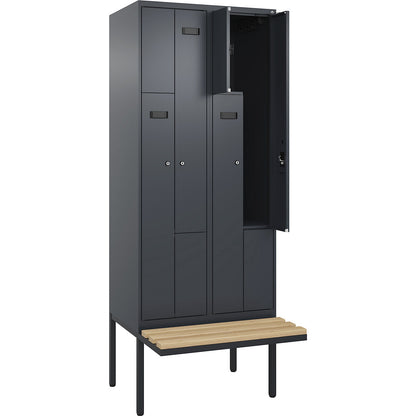 Evolo PLUS bench seat Z locker, 2 compartments, grey, W 800 mm, cylinder lock, with cantilevered bench seat, beech.
