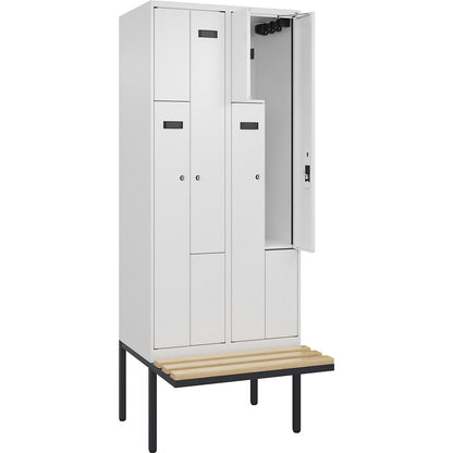 Evolo PLUS bench seat Z locker, 2 compartments, white, W 800 mm, cylinder lock, with cantilevered bench seat, beech.