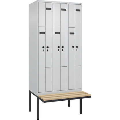 Evolo PLUS bench seat Z locker, 3 compartments, light grey / light grey, W 900 mm, security rotary bolt, with cantilevered bench seat, beech.
