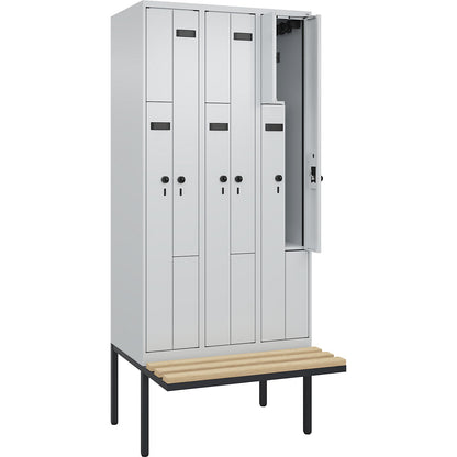 Evolo PLUS bench seat Z locker, 3 compartments, light grey / light grey, W 900 mm, security rotary bolt, with cantilevered bench seat, beech.
