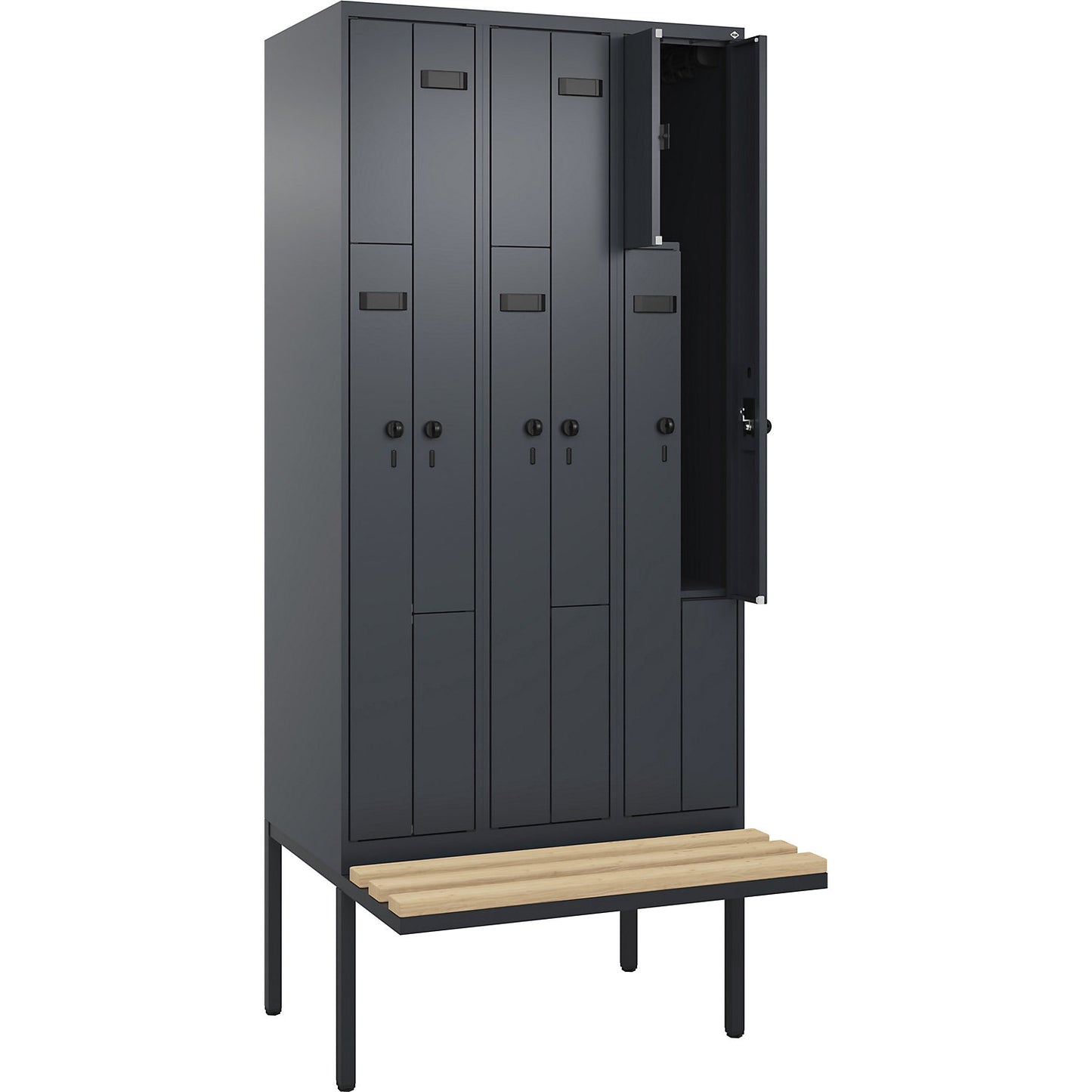 Evolo PLUS bench seat Z locker, 3 compartments, grey, W 900 mm, security rotary bolt, with cantilevered bench seat, beech.