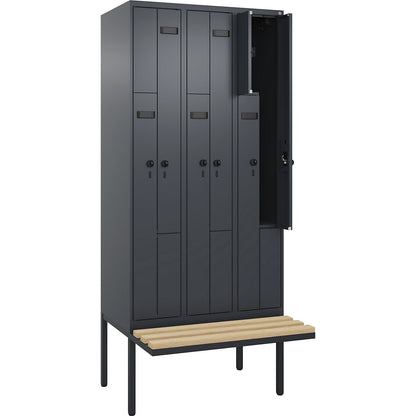 Evolo PLUS bench seat Z locker, 3 compartments, grey, W 900 mm, security rotary bolt, with cantilevered bench seat, beech.