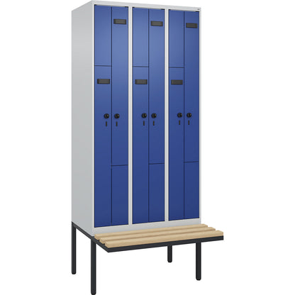 Evolo PLUS bench seat Z locker, 3 compartments, light grey / gentian blue, W 900 mm, security rotary bolt, with cantilevered bench seat, beech.