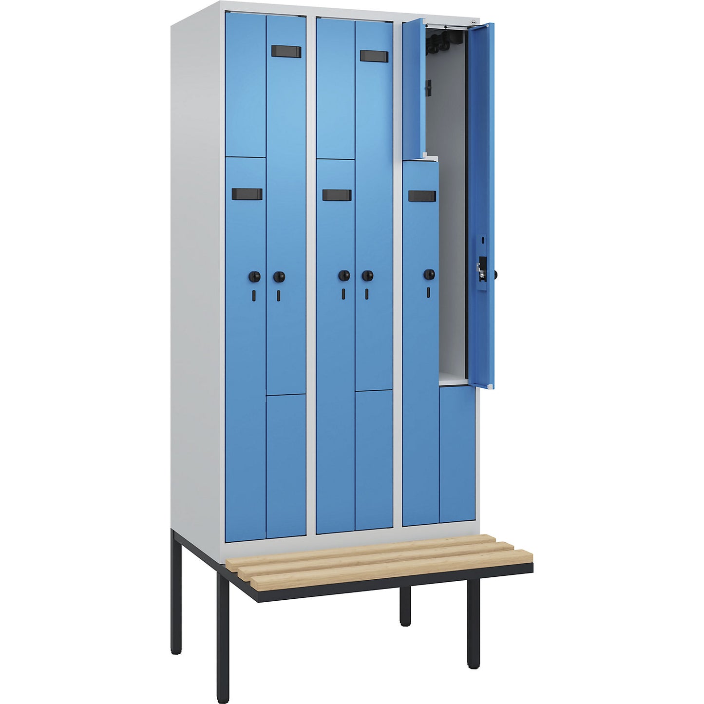Evolo PLUS bench seat Z locker, 3 compartments, light grey / light blue, W 900 mm, security rotary bolt, with cantilevered bench seat, beech.