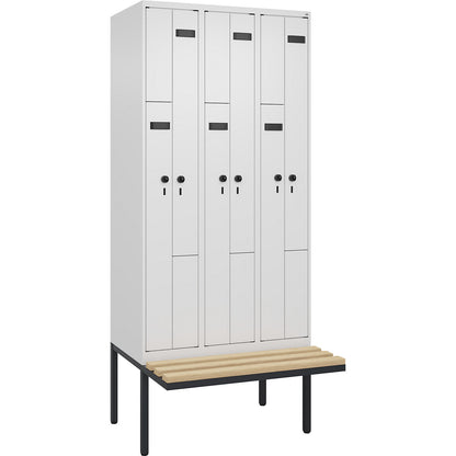 Evolo PLUS bench seat Z locker, 3 compartments, white, W 900 mm, security rotary bolt, with cantilevered bench seat, beech.
