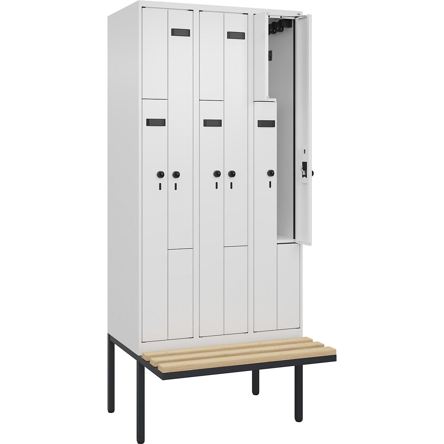 Evolo PLUS bench seat Z locker, 3 compartments, white, W 900 mm, security rotary bolt, with cantilevered bench seat, beech.