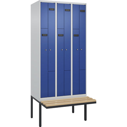 Evolo PLUS bench seat Z locker, 3 compartments, light grey / gentian blue, W 900 mm, cylinder lock, with cantilevered bench seat, beech.