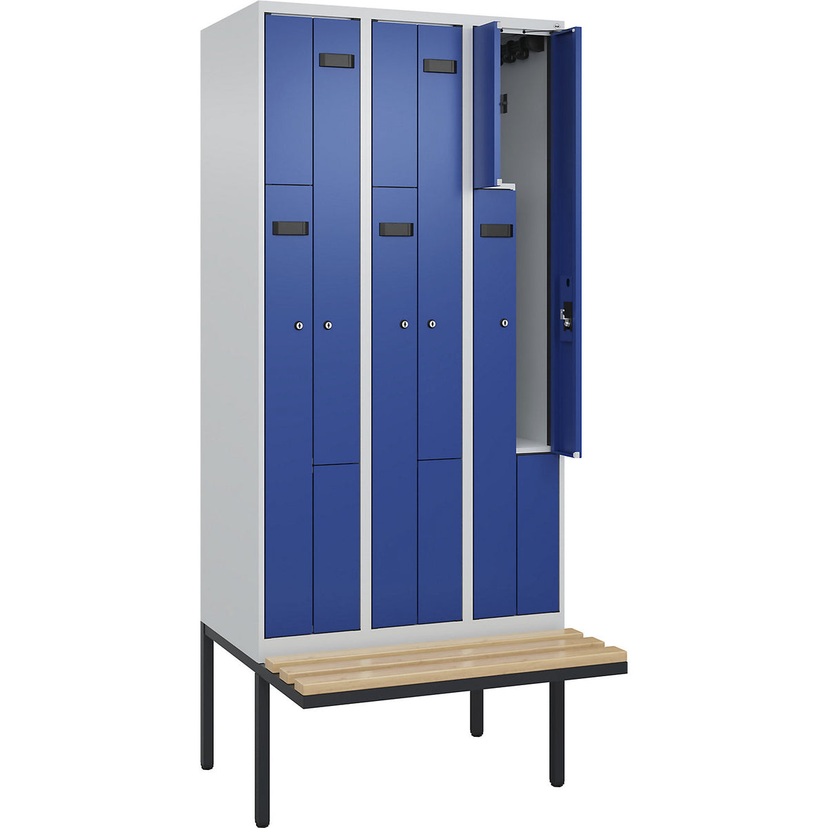 Evolo PLUS bench seat Z locker, 3 compartments, light grey / gentian blue, W 900 mm, cylinder lock, with cantilevered bench seat, beech.