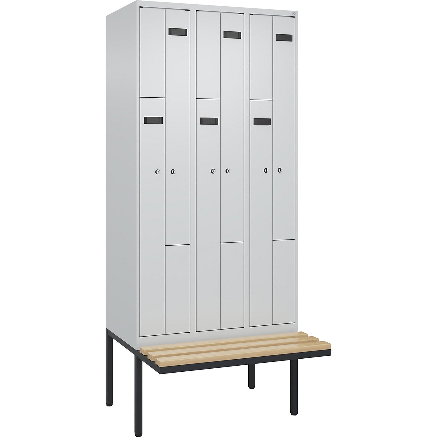 Evolo PLUS bench seat Z locker, 3 compartments, light grey / light grey, W 900 mm, cylinder lock, with cantilevered bench seat, beech.