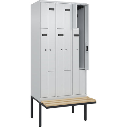 Evolo PLUS bench seat Z locker, 3 compartments, light grey / light grey, W 900 mm, cylinder lock, with cantilevered bench seat, beech.