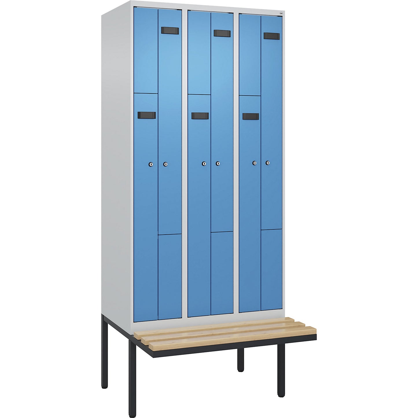 Evolo PLUS bench seat Z locker, 3 compartments, light grey / light blue, W 900 mm, cylinder lock, with cantilevered bench seat, beech.