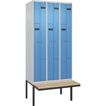 Evolo PLUS bench seat Z locker, 3 compartments, light grey / light blue, W 900 mm, cylinder lock, with cantilevered bench seat, beech.