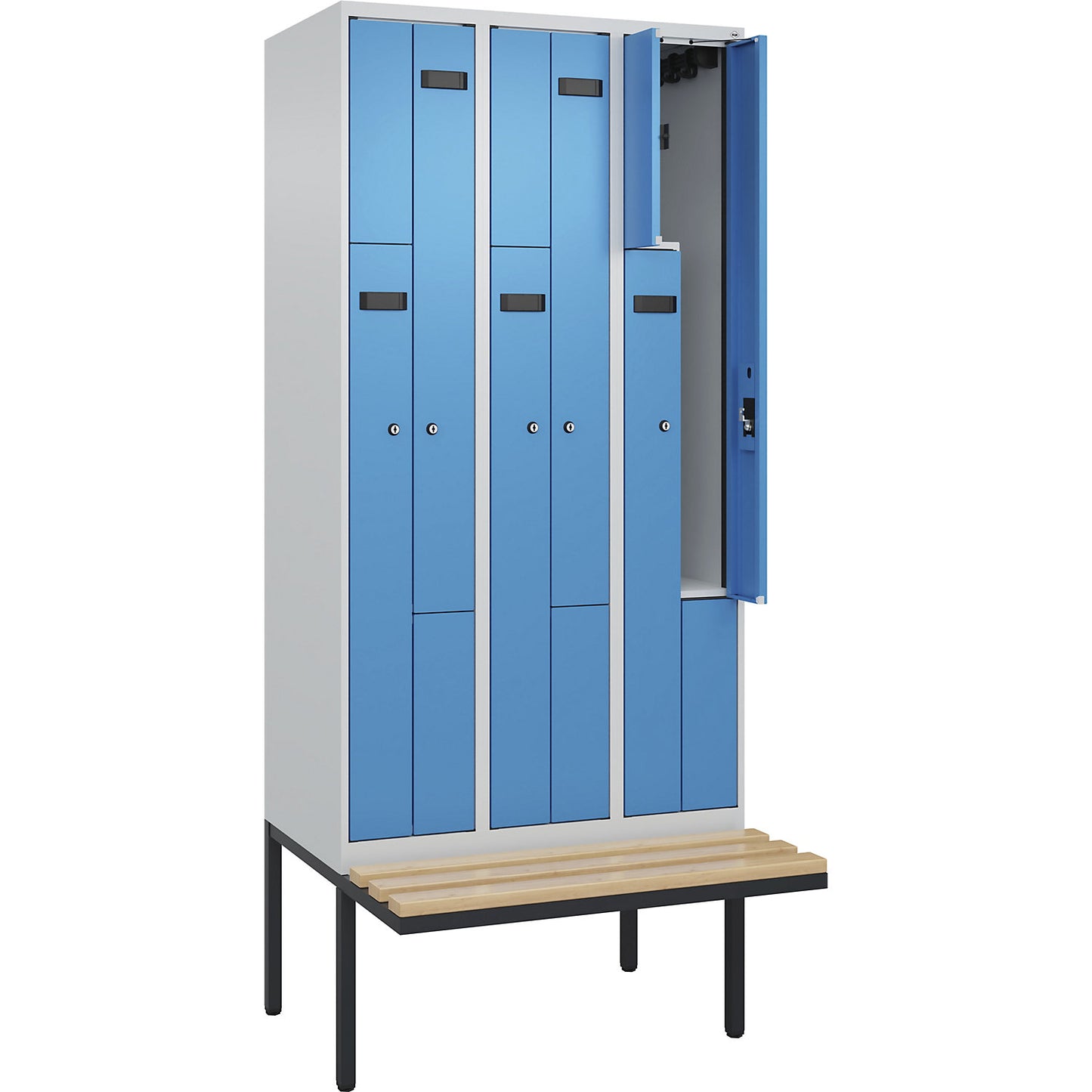 Evolo PLUS bench seat Z locker, 3 compartments, light grey / light blue, W 900 mm, cylinder lock, with cantilevered bench seat, beech.