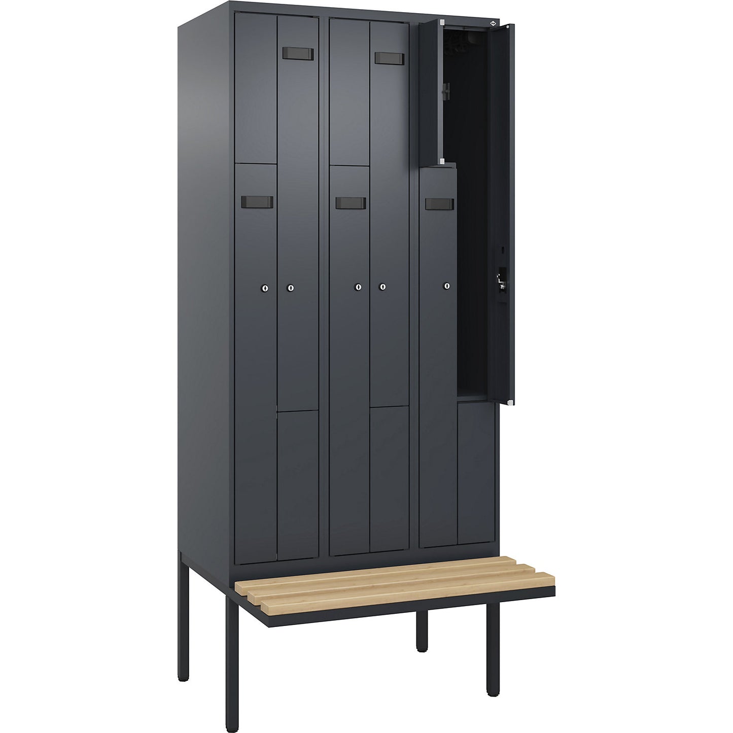 Evolo PLUS bench seat Z locker, 3 compartments, grey, W 900 mm, cylinder lock, with cantilevered bench seat, beech.