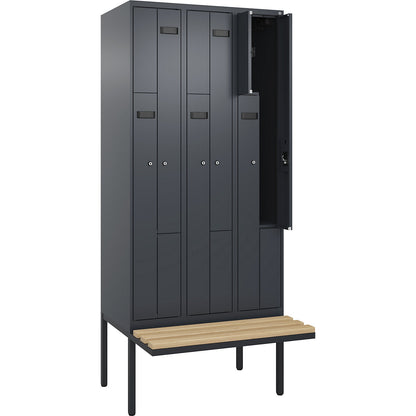 Evolo PLUS bench seat Z locker, 3 compartments, grey, W 900 mm, cylinder lock, with cantilevered bench seat, beech.