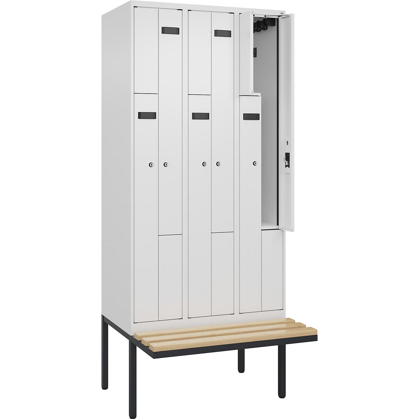 Evolo PLUS bench seat Z locker, 3 compartments, white, W 900 mm, cylinder lock, with cantilevered bench seat, beech.
