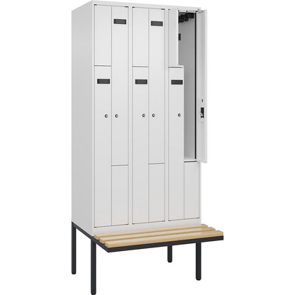 Evolo PLUS bench seat Z locker, 3 compartments, white, W 900 mm, cylinder lock, with cantilevered bench seat, beech.