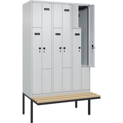 Evolo PLUS bench seat Z locker, 3 compartments, light grey / light grey, W 1200 mm, security rotary bolt, with cantilevered bench seat, beech.