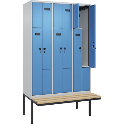 Evolo PLUS bench seat Z locker, 3 compartments, light grey / light blue, W 1200 mm, security rotary bolt, with cantilevered bench seat, beech.