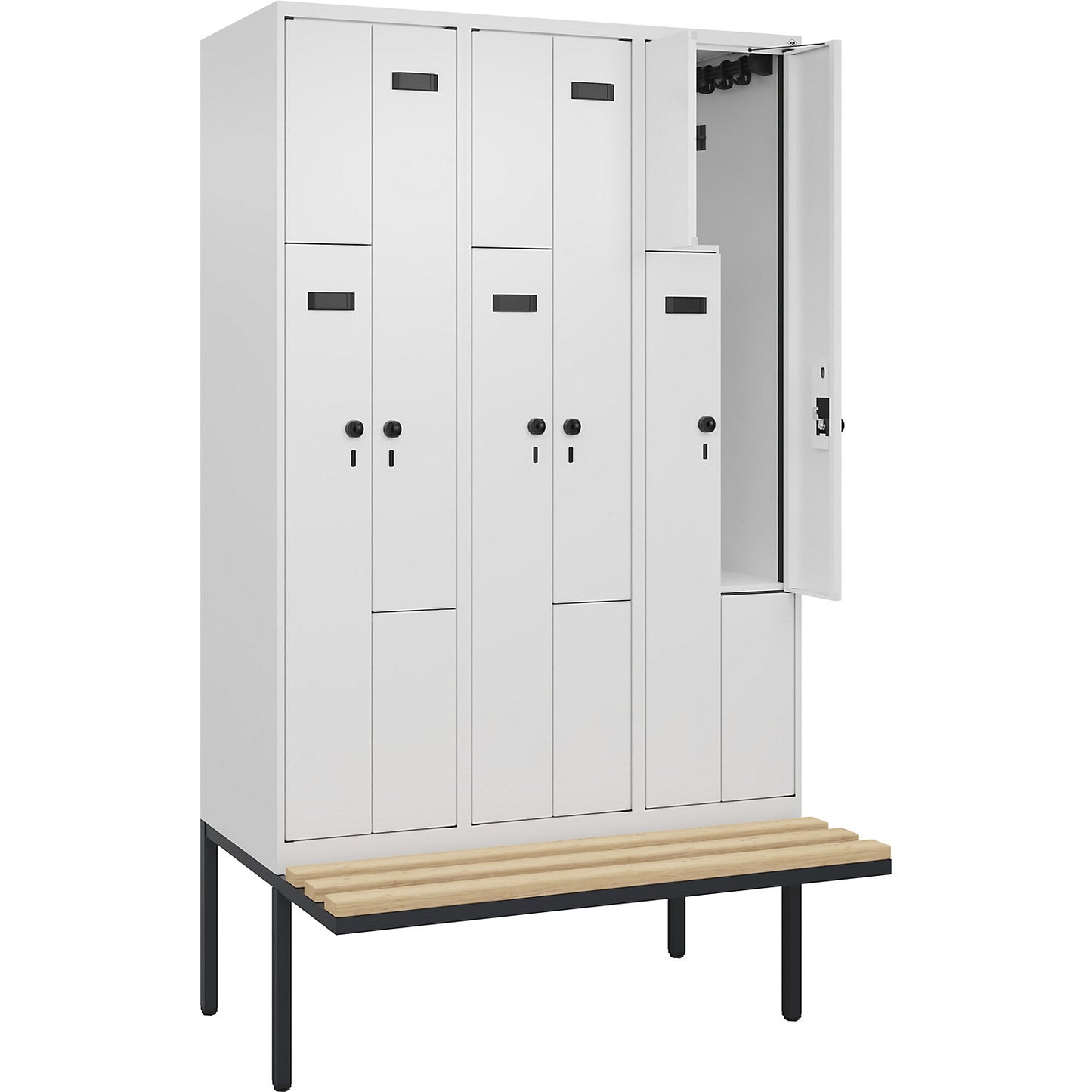 Evolo PLUS bench seat Z locker, 3 compartments, white, W 1200 mm, security rotary bolt, with cantilevered bench seat, beech.