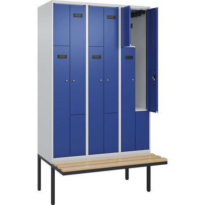 Evolo PLUS bench seat Z locker, 3 compartments, light grey / gentian blue, W 1200 mm, cylinder lock, with cantilevered bench seat, beech.