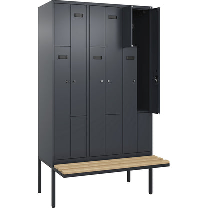 Evolo PLUS bench seat Z locker, 3 compartments, grey, W 1200 mm, cylinder lock, with cantilevered bench seat, beech.