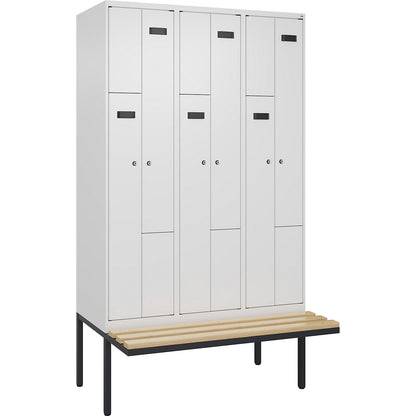 Evolo PLUS bench seat Z locker, 3 compartments, white, W 1200 mm, cylinder lock, with cantilevered bench seat, beech.