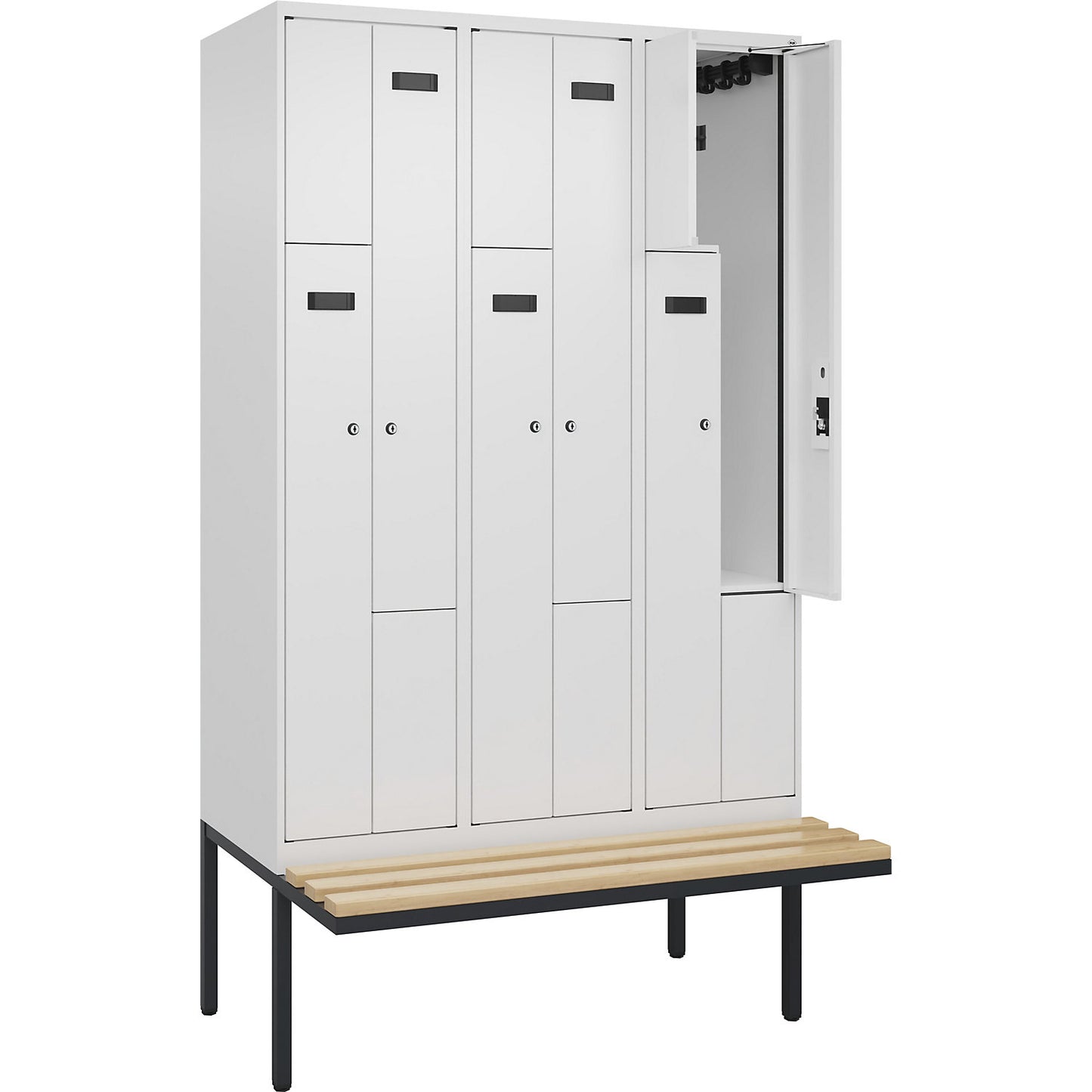 Evolo PLUS bench seat Z locker, 3 compartments, white, W 1200 mm, cylinder lock, with cantilevered bench seat, beech.