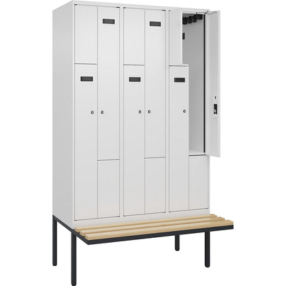 Evolo PLUS bench seat Z locker, 3 compartments, white, W 1200 mm, cylinder lock, with cantilevered bench seat, beech.